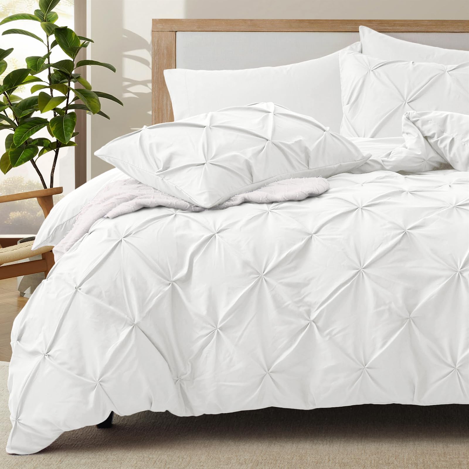 Vacvelt 5 Piece Pinch Pleated Duvet Cover Full/Queen Size Set, White Pintuck Duvet Cover With Zipper & 8 Ties, Shabby Chic Micro